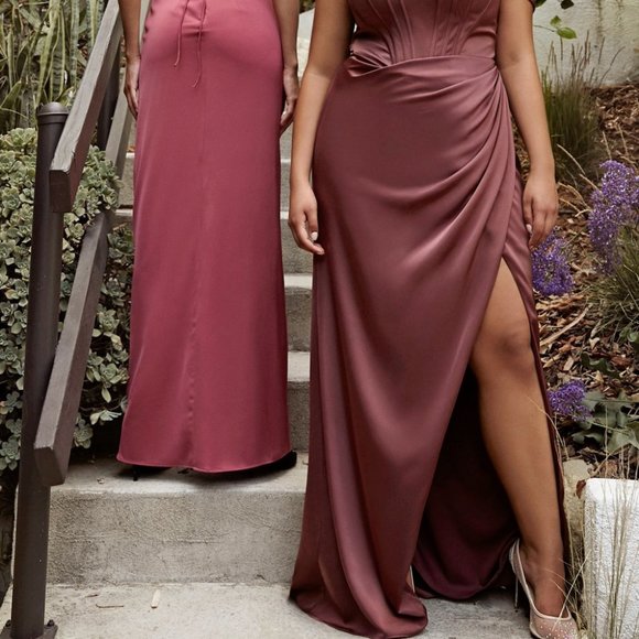 ROSEWOOD COLOR  PROM PARTY EVENING OFF SHOULDER CORSET SOFT SATIN DRESS CD 7484 - Picture 3 of 8